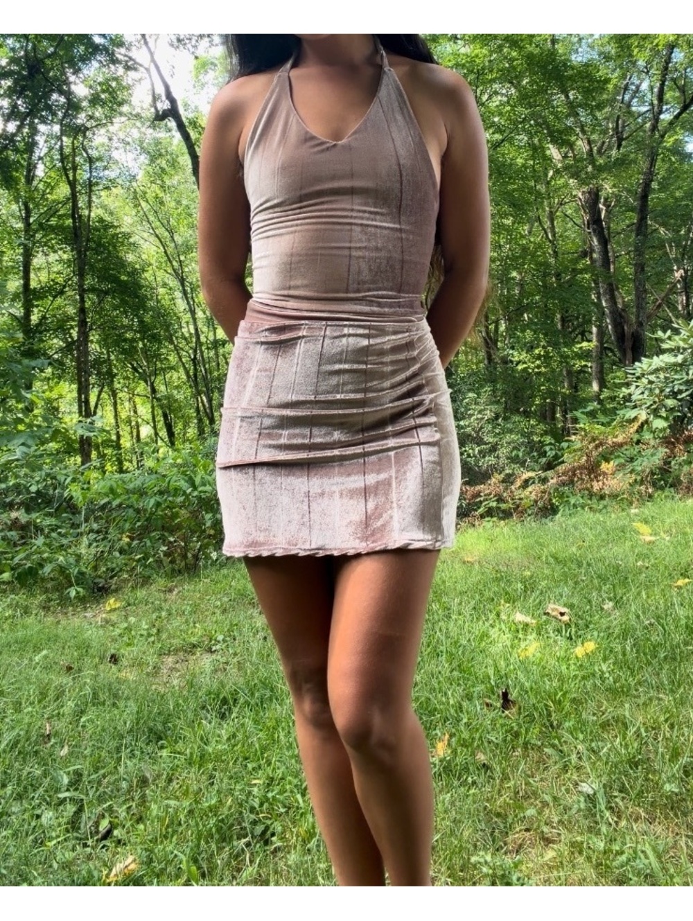 Handmade Two-Piece Metallic Velvet Halter Top and Mini Skirt Set